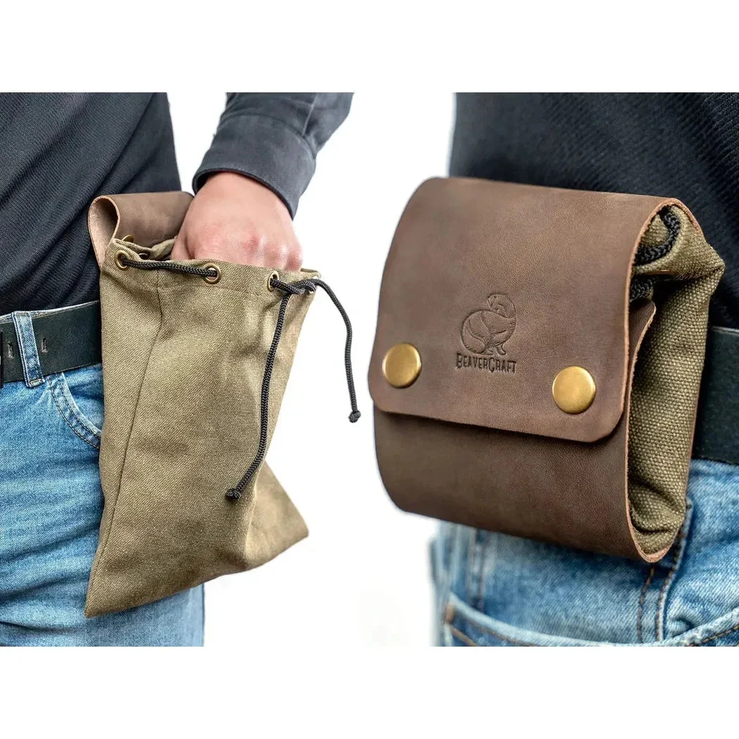 Beavercraft Leather & Canvas Bushcraft Foraging Belt Bag Pouch for Camping