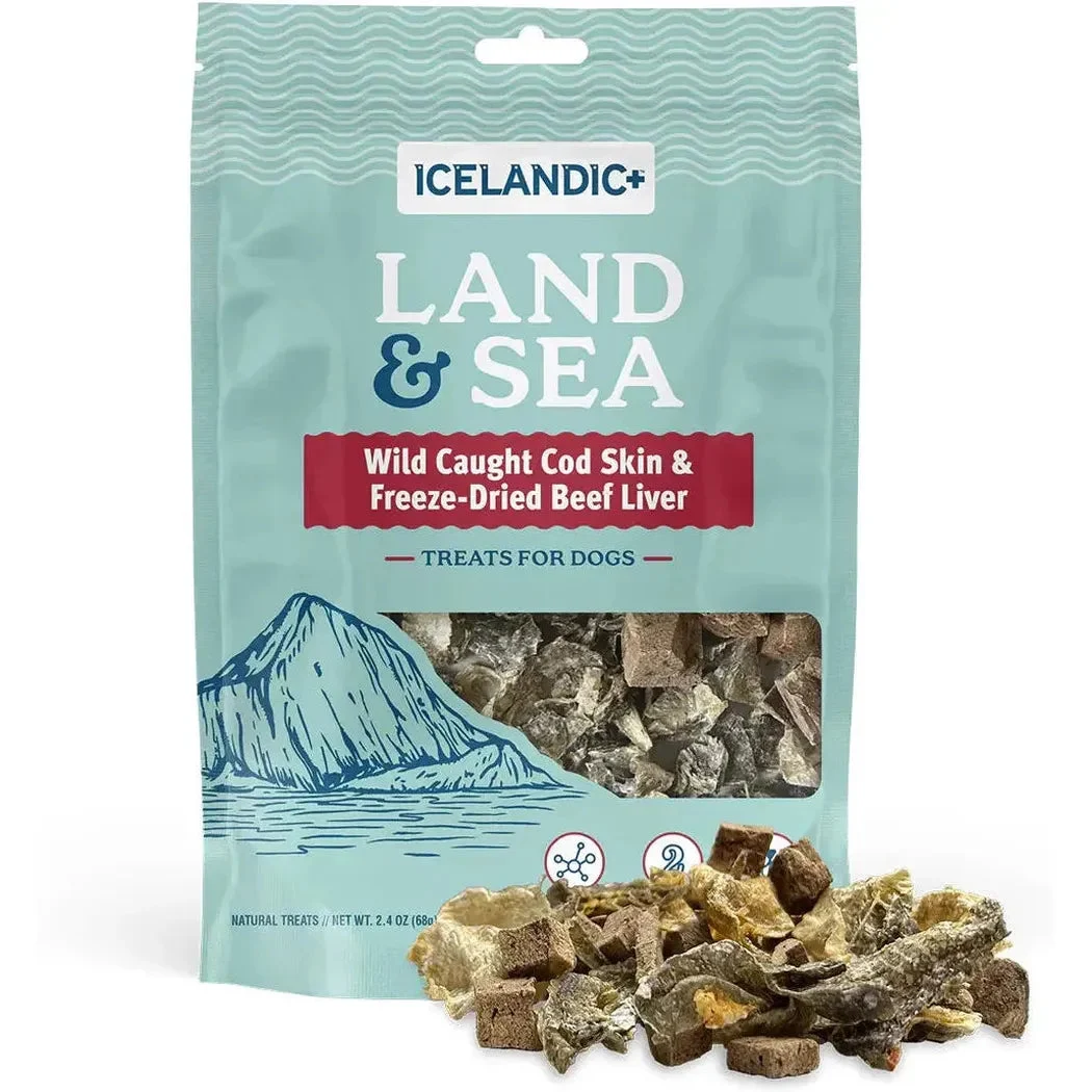 Icelandic+ Land & Sea Cod Skin & Freeze-Dried Beef Liver Treats forDogs | 2.4 oz