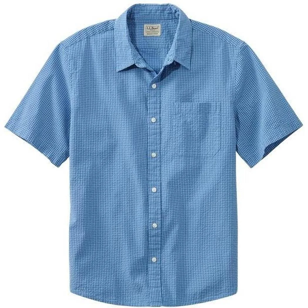L.L.Bean Men's Organic Seersucker Shirt Short Sleeve Slightly Fitted Plaid