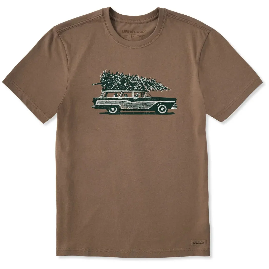 Life is Good Men's Photo Christmas Tree Wagon Short Sleeve Crusher Tee
