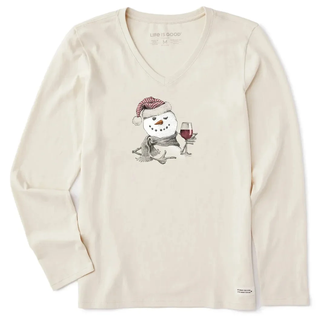 Life is Good Women's Snowman w Red Wine Long Sleeve Crusher Vee