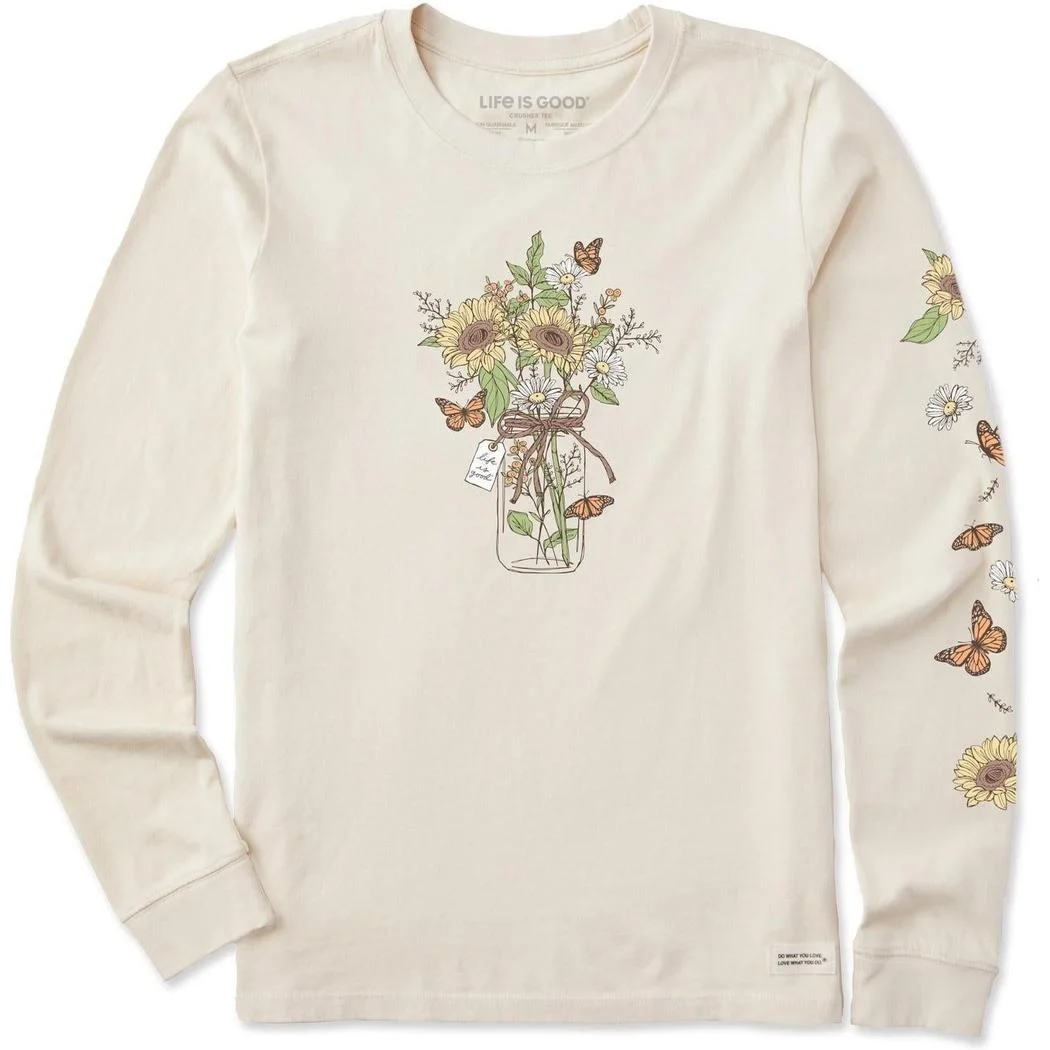 Life is Good Women's Sunflower Monarch Jar Long Sleeve Crusher Tee