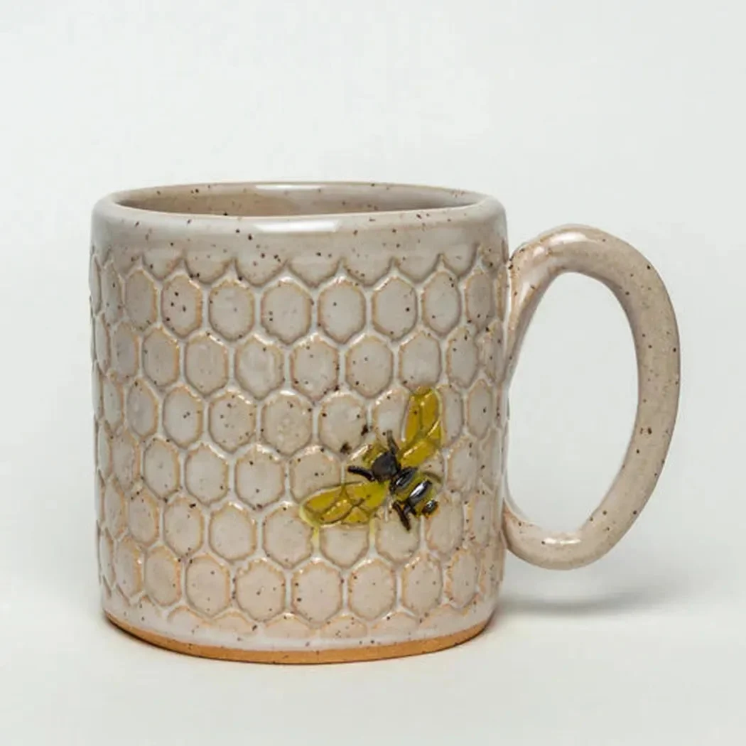 White Squirrel Clayworks Bee Pattern Handmade in Ohio Ceramic White 10 oz Mug