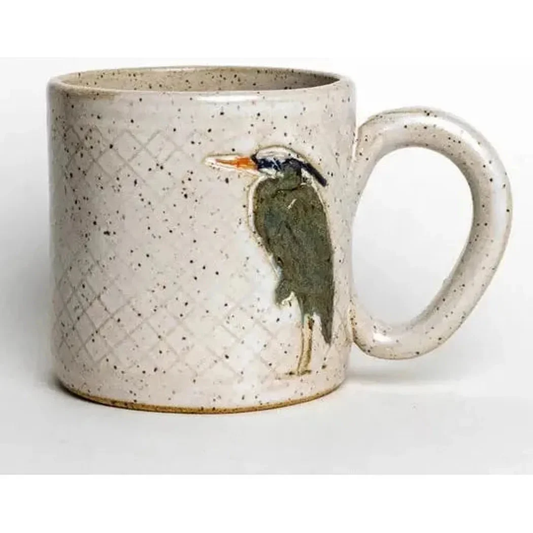 White Squirrel Clayworks Blue Heron Design Handmade, in Ohio, Ceramic White 10oz