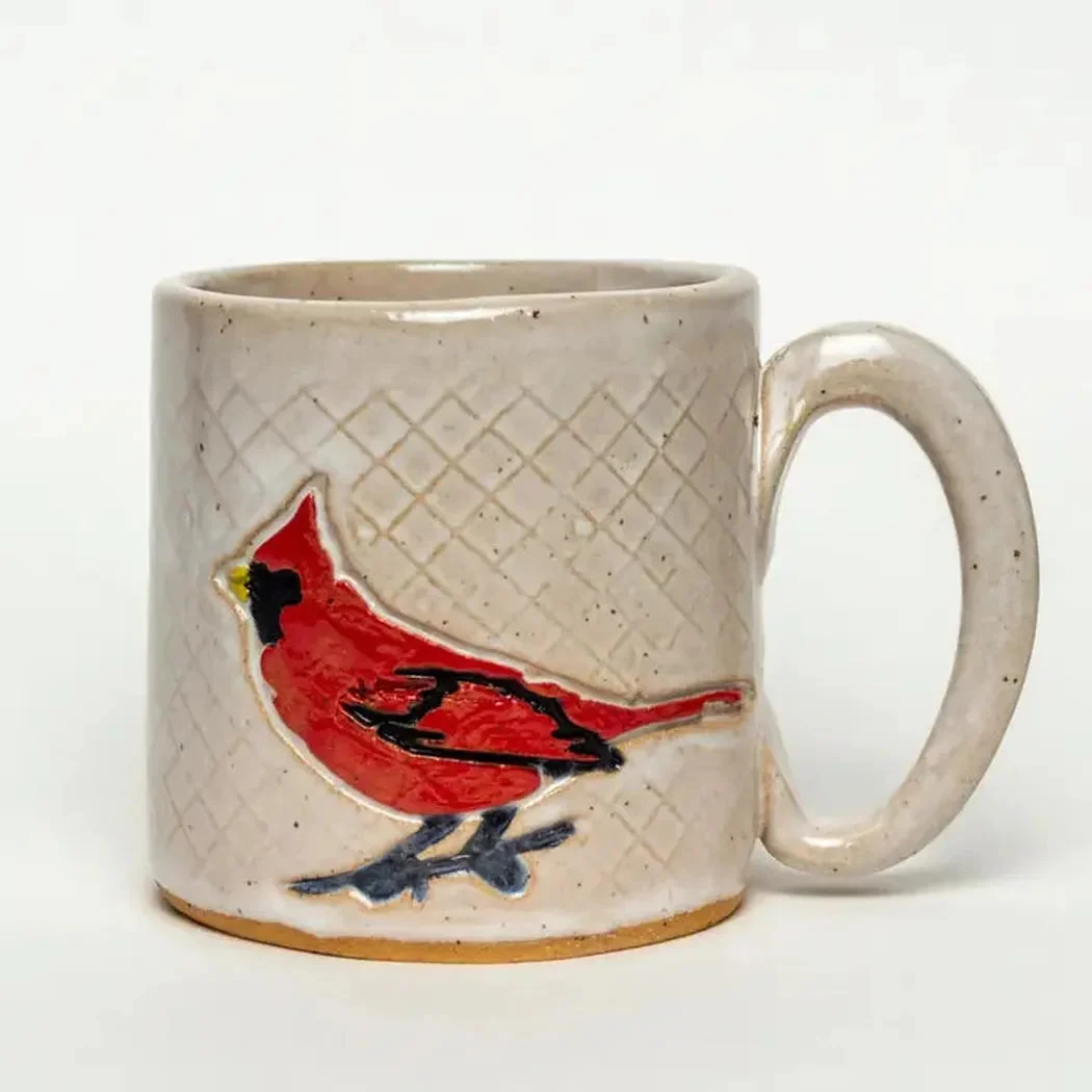 White Squirrel Clayworks Cardinal Design Handmade, in Ohio, Ceramic White 10oz