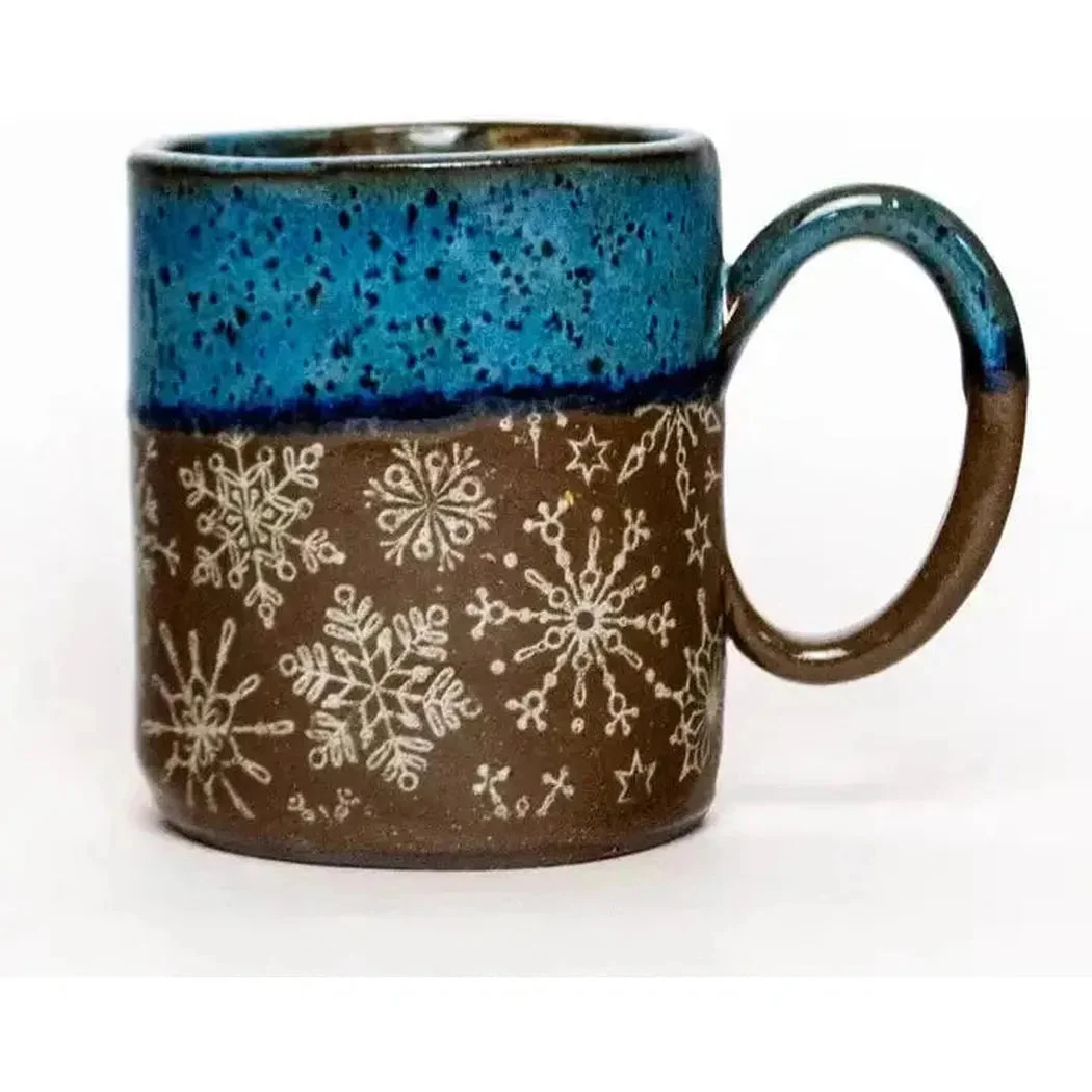 White Squirrel Clayworks Limited Winter Snowflake Handmade Ceramic Blue 14oz Mug