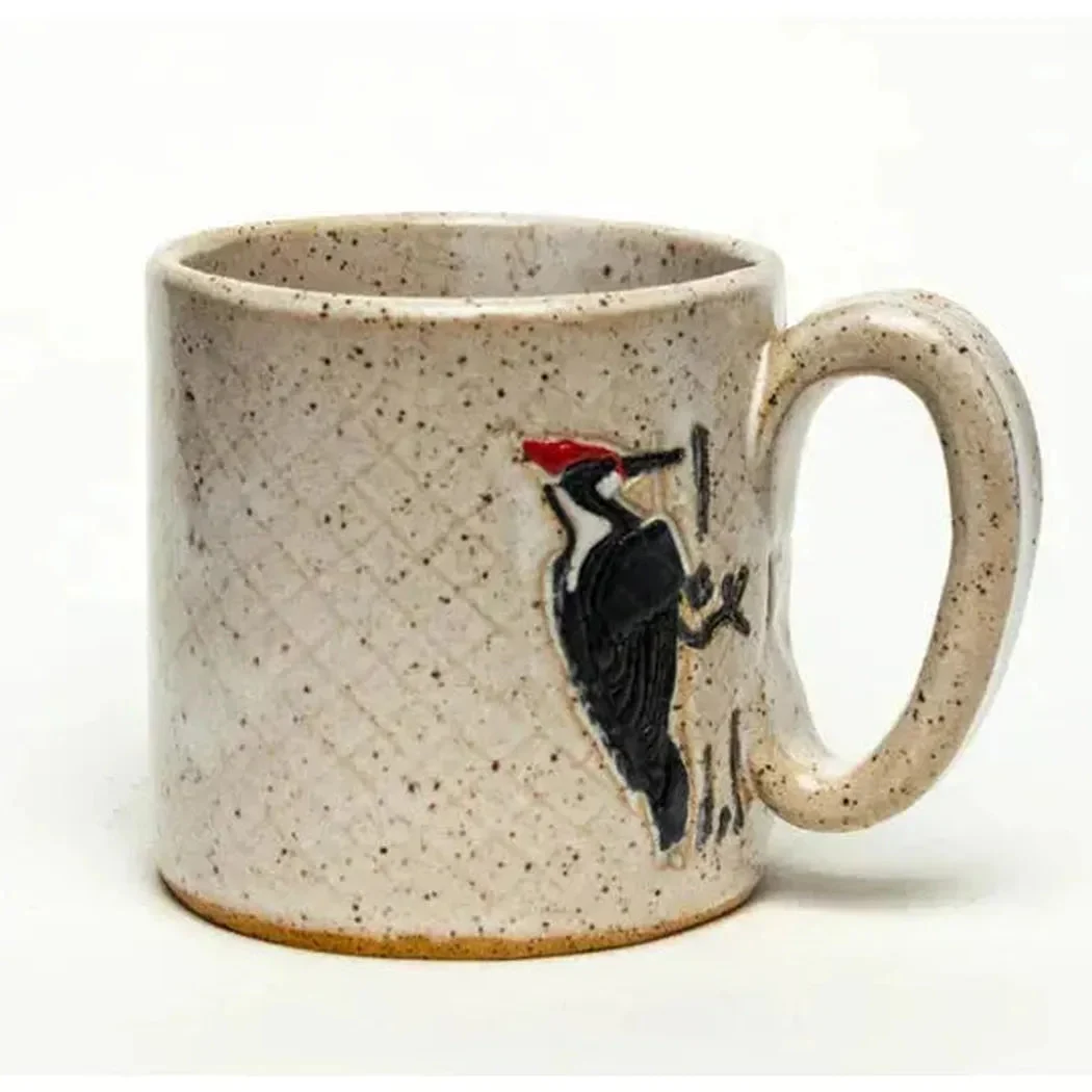 White Squirrel Clayworks Woodpecker Design Handmade, in Ohio, Ceramic White 10oz Mug